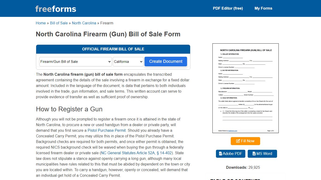 North Carolina Firearm (Gun) Bill of Sale Form - Free Forms